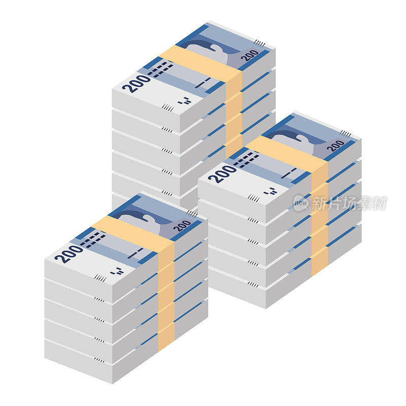 摩洛哥迪拉姆矢量插图。摩洛哥，休达，梅利利亚，西班牙货币集捆绑钞票。纸币200 MAD。平的风格。孤立在白色背景上。简单的最小设计。